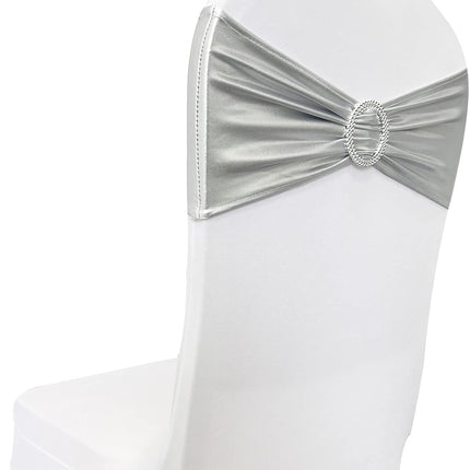 Spandex Chair Sashes Bands 50PCS Stretch Chair Ties Bows with Buckle Slider for Wedding Party Banquet Decoration(Metallic Silver)….
