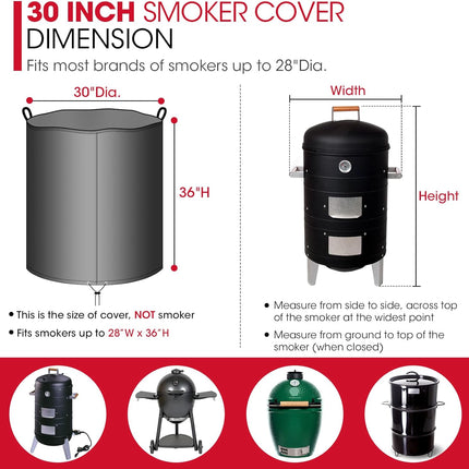 Round Smoker Cover 30 Inch, Heavy Duty Waterproof Charcoal Kettle BBQ Grill Cover, Fade Resistant Barrel Protector, Fits Weber Char-Griller Akorn Kamado and More, 30" Dia x 36" H.