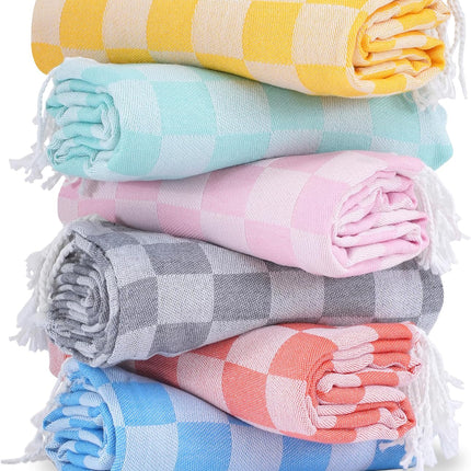 6 Packs Turkish Beach Towel Vacation Essentials Blanket Set Pool Bath Towels Bulk Multipack Travel Sand Free Quick Dry Extra Large Oversized Cute Big Soft Lightweight Compact Checkered Cloud Women.
