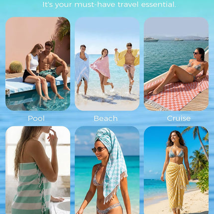 6 Packs Turkish Beach Towel Vacation Essentials Blanket Set Pool Bath Towels Bulk Multipack Travel Sand Free Quick Dry Extra Large Oversized Cute Big Soft Lightweight Compact Checkered Cloud Women.
