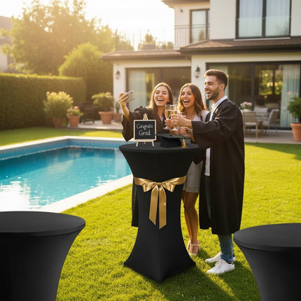 Cocktail Table Covers, 2 Pack - Fitted Stretch Spandex Square Corners Cocktail Tablecloths,High Top Table Cloths (Black, Fit for 30"-32" Diameter x 43" Height Tables).