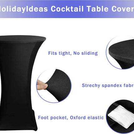 Cocktail Table Covers, 2 Pack - Fitted Stretch Spandex Square Corners Cocktail Tablecloths,High Top Table Cloths (Black, Fit for 30"-32" Diameter x 43" Height Tables).