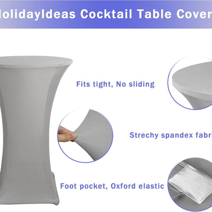 Cocktail Table Covers, 2 Pack - Fitted Stretch Spandex Square Corners Cocktail Tablecloths (Light Grey, Fit for 30"-32" Diameter x 43" Height Tables).