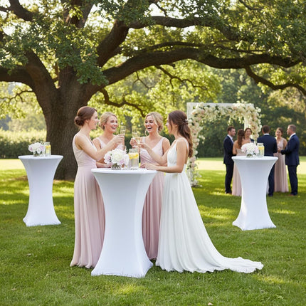Cocktail Table Covers, 2 Pack - Fitted Stretch Spandex High Top Cocktail Tablecloths with Elastic Corners (White, Fit for 30"-32" Diameter x 43" Height Tables).