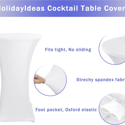 Cocktail Table Covers, 2 Pack - Fitted Stretch Spandex High Top Cocktail Tablecloths with Elastic Corners (White, Fit for 30"-32" Diameter x 43" Height Tables).