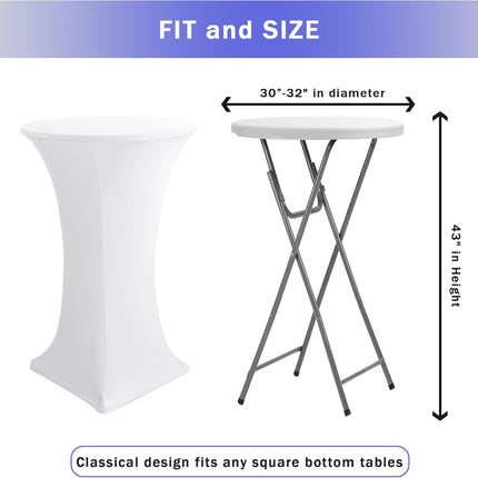 Cocktail Table Covers, 2 Pack - Fitted Stretch Spandex High Top Cocktail Tablecloths with Elastic Corners (White, Fit for 30"-32" Diameter x 43" Height Tables).
