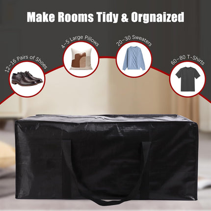 Extra Large Moving Bags with Zippers & Carrying Handles, Heavy-Duty Storage Tote for Space Saving Moving Storage, Fold Flat, Alternative to Box and Bin - 8 Pack, Black.