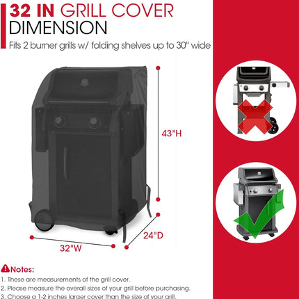 32 Inch Small Grill Cover, Heavy Duty Waterproof 2 Burner Gas BBQ Cover, Compatible with Weber Char-Broil Nexgrill KitchenAid Grills with Both Side Tables Down, All Weather Protection.