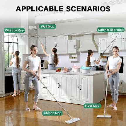 Flat Mops, Microfiber Mop for Floor Cleaning and Wall Cleaner, 50" Mop Handle with Flexible 13" Flat Head with a Microfiber Mop Pad - White.