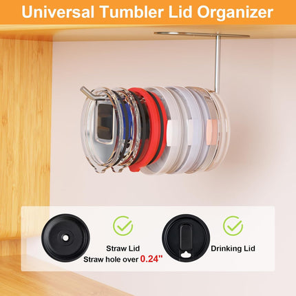 4 Pack Tumbler Lid Organizer, Space Saving Cup Lid Organizer for Yeti/Stanley/Simple Modern Tumbler Lids, Self-Adhesive or Drilling Tumbler Lid Hook for Kitchen Organizers and Storage.