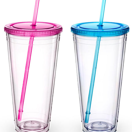 Clear Acrylic Tumbler with Straw and Lid 32 oz, Double Walled Insulated Reusable Plastic Iced Coffee Cup, To Go Cup Perfect for Parties, Birthdays, Fit in Cupholder, BPA Free, Red & Blue 2 Pack.