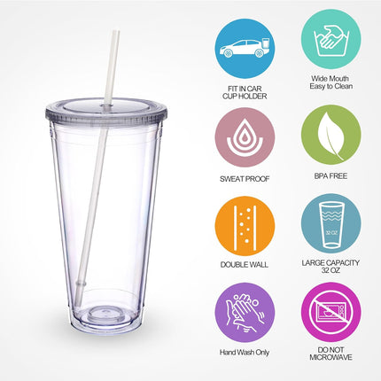 Clear Acrylic Tumbler with Straw and Lid 32 oz, Double Walled Insulated Reusable Plastic Iced Coffee Cup, To Go Cup Perfect for Parties, Birthdays, Fit in Cupholder, BPA Free, Red & Blue 2 Pack.