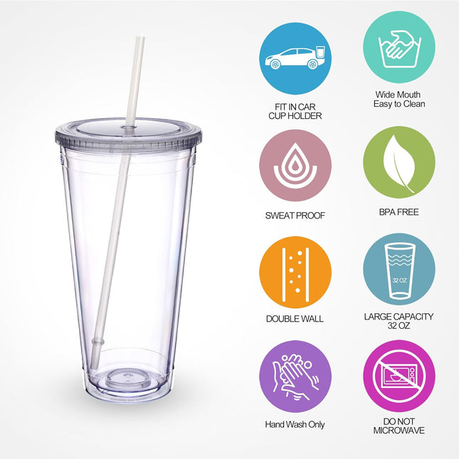Clear Acrylic Tumbler with Straw and Lid 32 oz, Double Walled Insulated Reusable Plastic Iced Coffee Cup, To Go Cup Perfect for Parties, Birthdays, Fit in Cupholder, BPA Free, Red & Blue 2 Pack.