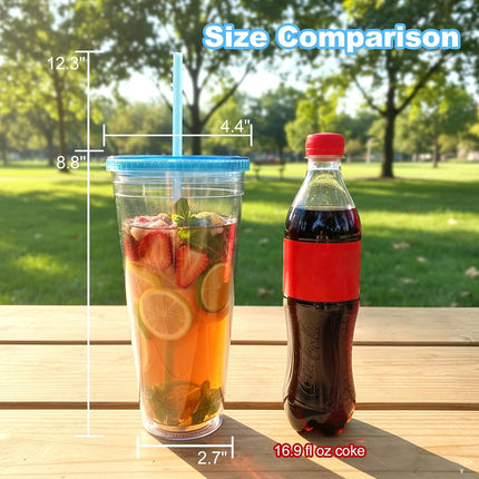 Clear Acrylic Tumbler with Straw and Lid 32 oz, Double Walled Insulated Reusable Plastic Iced Coffee Cup, To Go Cup Perfect for Parties, Birthdays, Fit in Cupholder, BPA Free, Red & Blue 2 Pack.