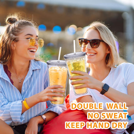 Clear Acrylic Tumbler with Straw and Lid 32 oz, Double Walled Insulated Reusable Plastic Iced Coffee Cup, To Go Cup Perfect for Parties, Birthdays, Fit in Cupholder, BPA Free, Red & Blue 2 Pack.