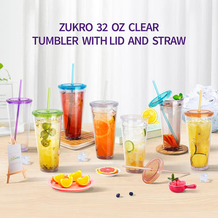 Clear Acrylic Tumbler with Straw and Lid 32 oz, Double Walled Insulated Reusable Plastic Iced Coffee Cup, To Go Cup Perfect for Parties, Birthdays, Fit in Cupholder, BPA Free, Red & Blue 2 Pack.