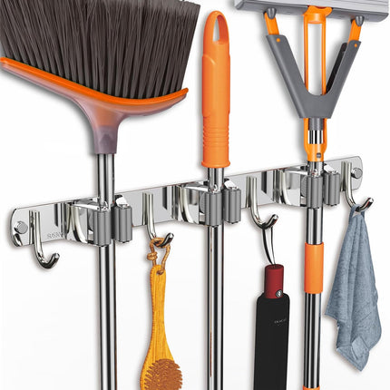 2 Pack Mop and Broom Holder Wall Mount, Non-slip Broom Hanger, Heavy Duty Mop Broom Organizer for Kitchen Garden Garage Laundry Room Wall Decor Organization and Storage Silver 3R4H.