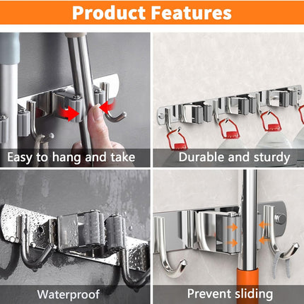 2 Pack Mop and Broom Holder Wall Mount, Non-slip Broom Hanger, Heavy Duty Mop Broom Organizer for Kitchen Garden Garage Laundry Room Wall Decor Organization and Storage Silver 3R4H.