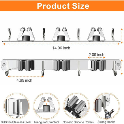 2 Pack Mop and Broom Holder Wall Mount, Non-slip Broom Hanger, Heavy Duty Mop Broom Organizer for Kitchen Garden Garage Laundry Room Wall Decor Organization and Storage Silver 3R4H.
