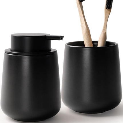 Soap and Toothbrush Holder Set - Ceramic Bathroom Accessories Set Black Liquid Hand Soap Dispenser Set for Bathroom Toothbrush Holder and Soap Dispenser Set.
