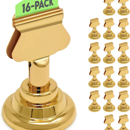 Table Number Holders (16pc) Premium Gold Metal Place Card Holders for Wedding Party Table Decor Card Holder (1.7 inch tall).