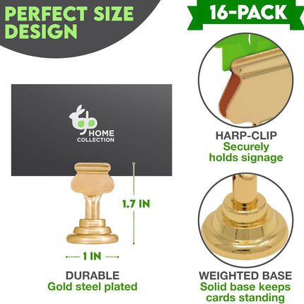 Table Number Holders (16pc) Premium Gold Metal Place Card Holders for Wedding Party Table Decor Card Holder (1.7 inch tall).