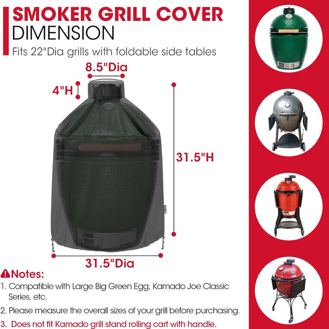 Grill Cover 31.5 Inch, Compatible with Large Big Green Egg, Kamado Joe and Pit Boss Ceramic Grills, Heavy Duty Waterproof BBQ Cover, Fade Resistant Round Smoker Protector, 31.5" Dia X 31.5" H.