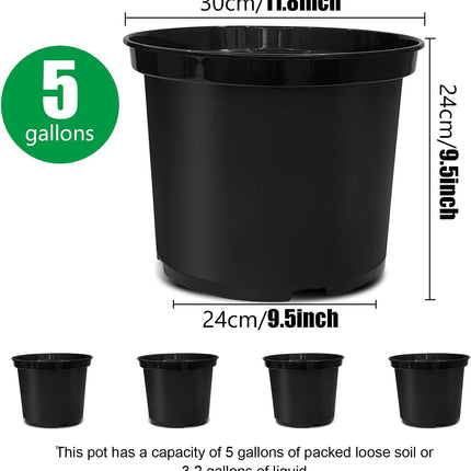 5 Gallon 12 Inch Plastic Nursery Pots, Plant Containers with Drainage Holes, Round Sturdy Garden Planters for Indoor/Outdoor Greenery, Gardening Gifts for Women (5-Pack, Black).