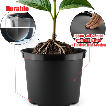 5 Gallon 12 Inch Plastic Nursery Pots, Plant Containers with Drainage Holes, Round Sturdy Garden Planters for Indoor/Outdoor Greenery, Gardening Gifts for Women (5-Pack, Black).