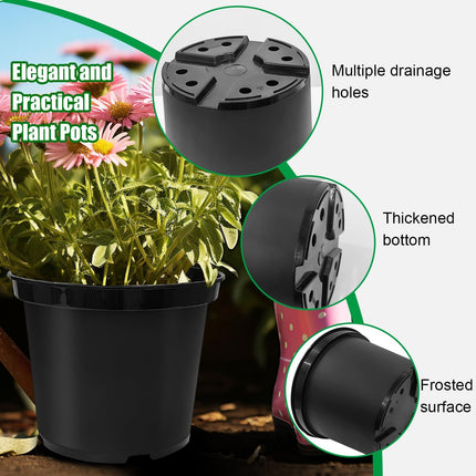 5 Gallon 12 Inch Plastic Nursery Pots, Plant Containers with Drainage Holes, Round Sturdy Garden Planters for Indoor/Outdoor Greenery, Gardening Gifts for Women (5-Pack, Black).