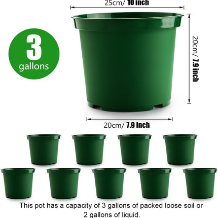 3 Gallon Plastic Nursery Pots, 10 Inch Round Plant Pots with Drainage Holes, 10 Pack Planting Pot for Outdoor Indoor Plants, Gardening Gifts for Women, Green.