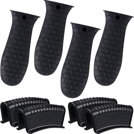 8 Pcs Silicone Pot Holders Set Cast Iron Handle Cover Heat Resistant Pot Handle Covers Potholder Non Slip Reusable Pan Sleeve for Frying Pan Kitchen Supplies(Black).