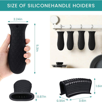 8 Pcs Silicone Pot Holders Set Cast Iron Handle Cover Heat Resistant Pot Handle Covers Potholder Non Slip Reusable Pan Sleeve for Frying Pan Kitchen Supplies(Black).