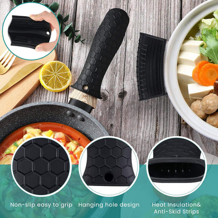 8 Pcs Silicone Pot Holders Set Cast Iron Handle Cover Heat Resistant Pot Handle Covers Potholder Non Slip Reusable Pan Sleeve for Frying Pan Kitchen Supplies(Black).