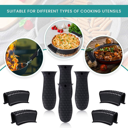 8 Pcs Silicone Pot Holders Set Cast Iron Handle Cover Heat Resistant Pot Handle Covers Potholder Non Slip Reusable Pan Sleeve for Frying Pan Kitchen Supplies(Black).