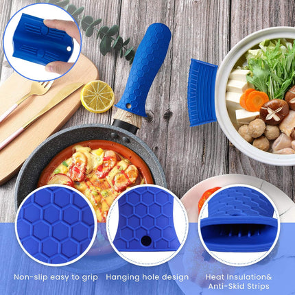8 Pcs Silicone Pot Holders Set Cast Iron Handle Cover Heat Resistant Pot Handle Covers Potholder Non Slip Reusable Pan Sleeve for Frying Pan Kitchen Supplies(Blue).