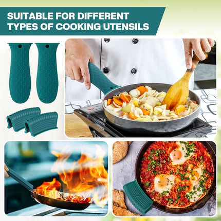 8 Pcs Silicone Pot Holders Set Cast Iron Handle Cover Heat Resistant Pot Handle Covers Potholder Non Slip Reusable Pan Sleeve for Frying Pan Kitchen Supplies(Green).