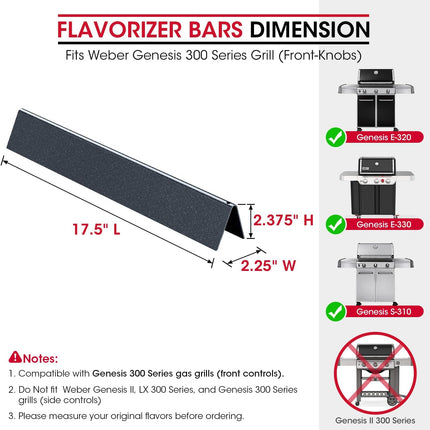 7620 Flavorizer Bars for Weber Genesis 300 Series, E-310 E-330 Grills with Front Control(2011-2016), 17.5 Inch Porcelain Steel Flavor Bars, Grill Burner Cover Replacement Parts.