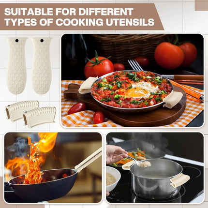 8 Pcs Silicone Pot Holders Set Cast Iron Handle Cover Heat Resistant Pot Handle Covers Potholder Non Slip Reusable Pan Sleeve for Frying Pan Kitchen Supplies(Khaki).