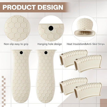 8 Pcs Silicone Pot Holders Set Cast Iron Handle Cover Heat Resistant Pot Handle Covers Potholder Non Slip Reusable Pan Sleeve for Frying Pan Kitchen Supplies(Khaki).