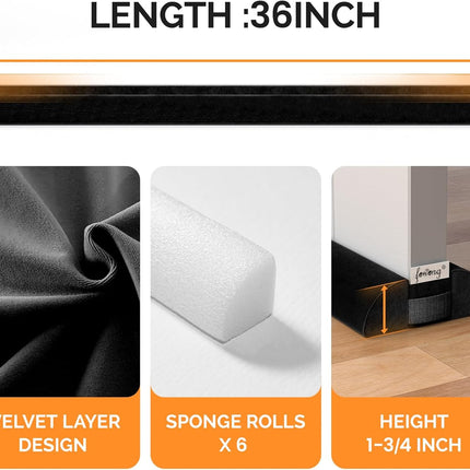 Under Door Draft Stopper 30" to 36" Adjustable Draft Stopper for Bottom of Door, Soundproofing Noise Blocker Seal Gap up to 1.7", Easy to Install, Black.