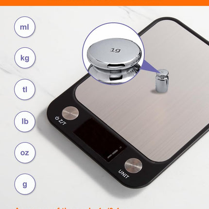 Food Scale,Digital Kitchen Scale, Stainless Steel, Weight in Grams, Ounces, Milliliters and Pounds, Ideal for Meal Prep, Cooking, and Baking.