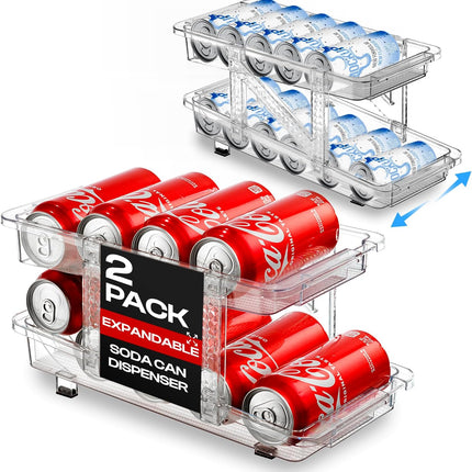 Expandable Soda Can Dispenser For Fridge - 2-Pack - Clear Transparent Soda Can Organizer For Refrigerator, Kitchen, and Pantry Storage Organizer for Cans, Beverage Bottle, Canned Food & Bottles.