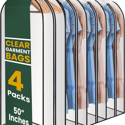 Clear Garment Bags for Hanging Clothes, 50" Suit Bags with 10" Gusset, Heavy Duty Closet Storage Covers for Coats, Dresses, Shirts, Jackets, Dustproof & Breathable, 4 Pack.