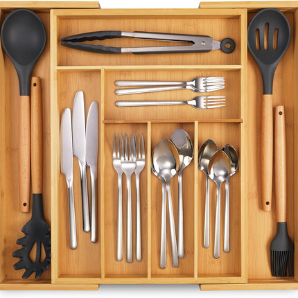 Expandable Bamboo Kitchen Drawer Organizer - Adjusts to Fit Drawer Size, Ideal for Silverware, Utensils, and Office Supplies, Durable Bamboo Construction.