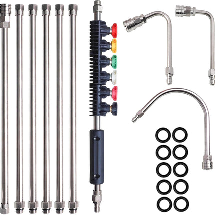 Pressure Washer Extension Wand, 10 Pack Power Washer Lance with 6 Atomization Nozzle Tips,1 Gutter Cleaner Attachment Curved Rod, 1/4" Quick Connect, 4000 PSI.