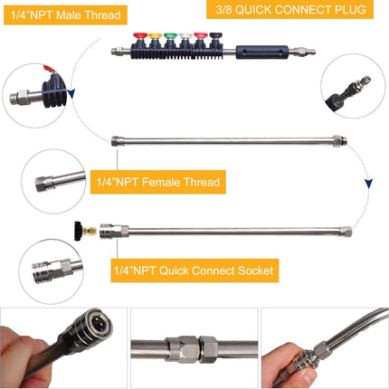 Pressure Washer Extension Wand, 10 Pack Power Washer Lance with 6 Atomization Nozzle Tips,1 Gutter Cleaner Attachment Curved Rod, 1/4" Quick Connect, 4000 PSI.