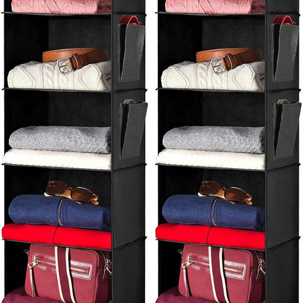Hanging Closet Organizer - 6 Shelf Storage for Clothes, Sweaters, Shoes & Accessories - Space-Saving Wardrobe Shelves with Hooks for Dorm, RV & Small Closet Organization (Black) (Pack of 2).