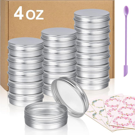 Aluminum Tin Cans, 24pcs 4 OZ Metal Round Tins Containers with 4pcs Stickers and A Double-ended Scraper Set for Candles Making and Storage.