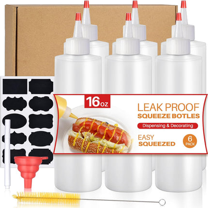 Squeeze Bottles, 16oz Plastic Condiment Squeeze Bottles with Labels & Funnels & Brusher for Liquids Sauces Ketchup Oil, 6 Pack.